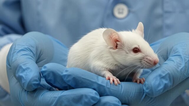 A laboratory technician in blue gloves gently holds a small white lab mouse in their hands. biological research processes and work with experimental animals in a scientific laboratory