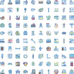 Fototapeta premium Collection of hand drawn doodle icons covering a wide range of subjects, including technology, nature, food, health, business, and everyday objects, all rendered in a charming sketch art style