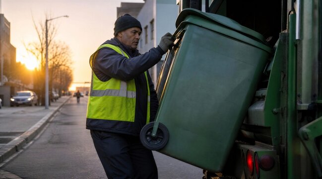 Garbage worker lifting green bin into waste truck at sunset