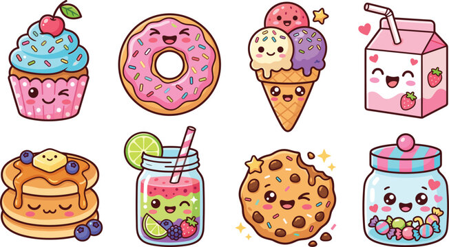 Cute kawaii food and drink cartoon vector set with cupcake, donut, ice cream, milk carton, pancakes, cookie, smoothie, and candy jar