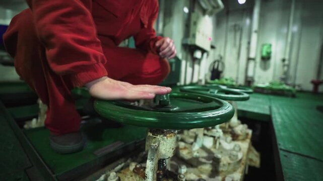Trabajador industrial girando una v&aacute;lvula o manivela en un entorno de construcci&oacute;n naval y maquinaria pesada, industria, trabajo t&eacute;cnico, mantenimiento, ingenier&iacute;a y operaci&oacute;n de equipos