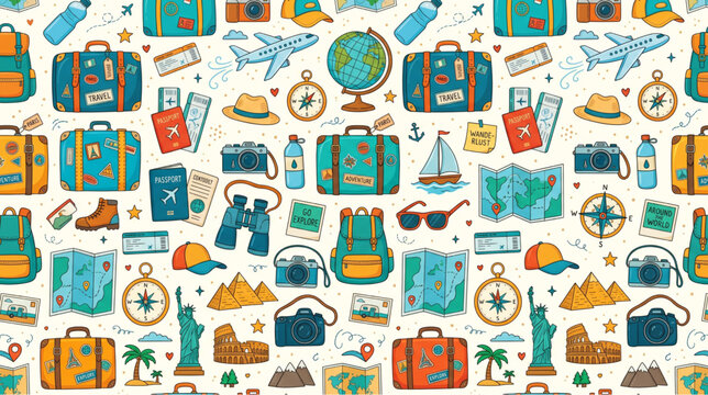 Travel and vacation seamless pattern with hand-drawn flat icons. Adventure tourism background featuring suitcases, cameras, passports, world maps, airplanes, and famous landmarks.