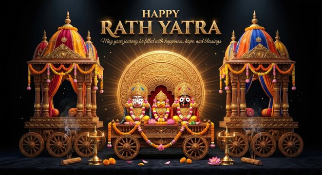 Happy rath yatra celebration greeting card featuring ornate traditional chariots and deities jagannath balabhadra and subhadra with golden decorative elements and glowing festive lighting background