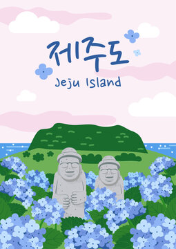 Jeju Summer Hydrangea Festival poster Vector illustration. Travel destination.  Korean Translation: " Jeju Island "