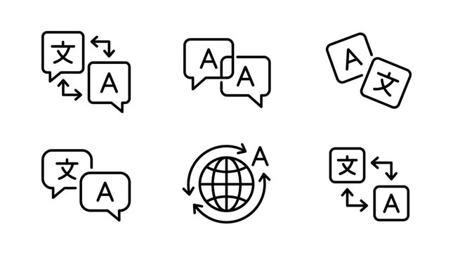 Global translation and multilingual communication icons featuring language bubbles, a globe, and translation symbols for cross-language services