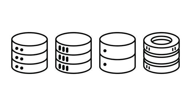 Set of four line-art database icons representing data storage, servers, and data management concepts