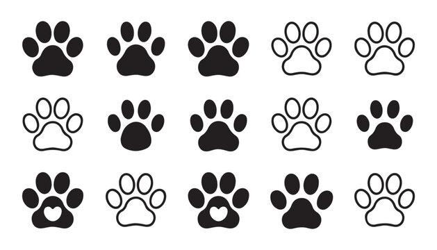 Paw prints collection in multiple styles for creative design projects on transparent background.