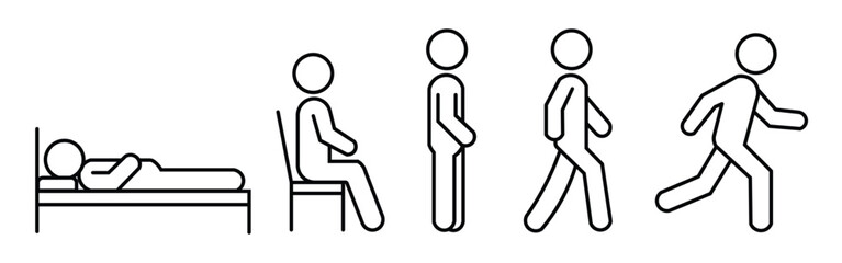 Fototapeta premium People icon set. Person lie, stand, sit, walk and run icon. People sitting, standing, walking and running symbol. People icons in different posture, human various action poses. Vector Illustration