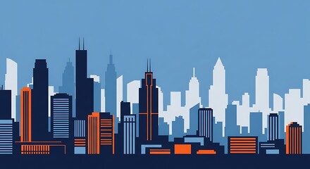 Obraz premium A stylized cityscape in shades of blue with orange accents. Buildings silhouetted
