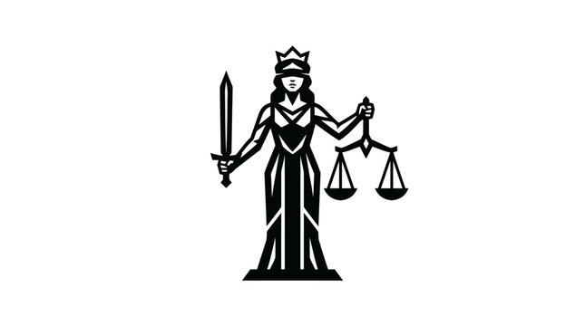 Lady justice symbol with sword and scales in black and white
