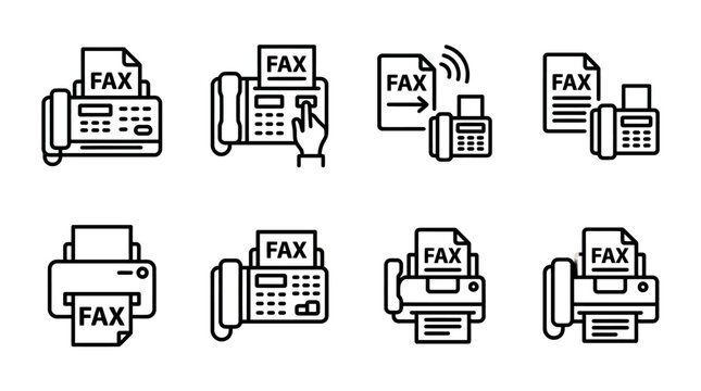 Collection of fax machine icons in various styles: desktop, handheld, wireless, and printer-style illustrations