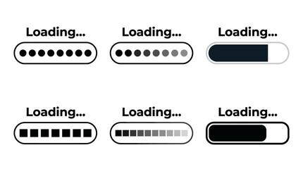 Fototapeta premium Diverse loading progress bars in multiple styles and completion levels, illustrating UI loading indicators and skeleton placeholders.