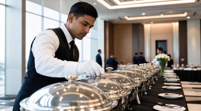 Professional Waiter Preparing Luxury Buffet Banquet Service