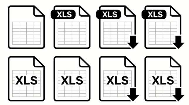 Set of Excel XLS document icons with spreadsheets and download arrows for data, analytics, and file type visuals