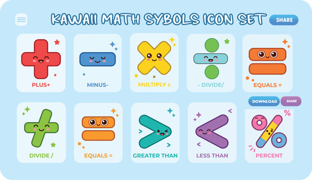 Kawaii math symbols icon set