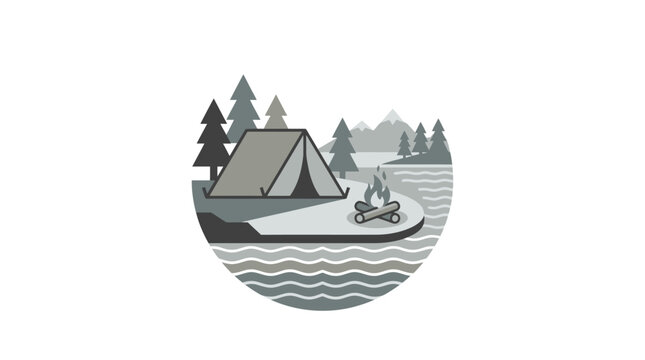 Circular camping emblem with tent campfire and lake landscape.