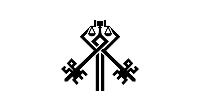 Symbolic emblem of justice with scales and crossed keys
