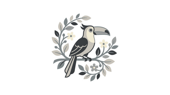 Toucan bird perched on a branch within leaf circle.