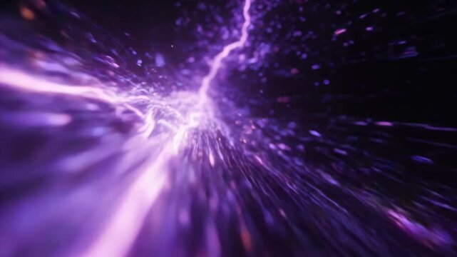 Abstract violet tunnel of light particles. Digital warp speed motion in deep space. High energy plasma flow creating a glowing hyperspace portal for cosmic travel.