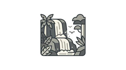 Square illustration of tropical waterfall in lush jungle. © nur