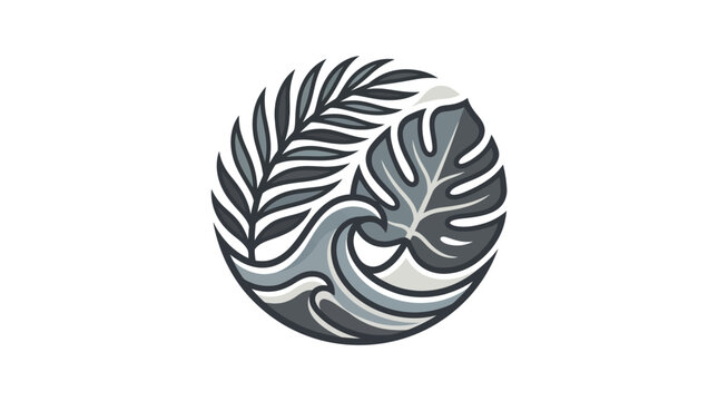 Circular emblem with fern leaf and stylized wave.
