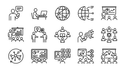 Fototapeta premium Comprehensive icon set illustrating teamwork, collaboration, and global business communication across meetings, strategy development, and data sharing.