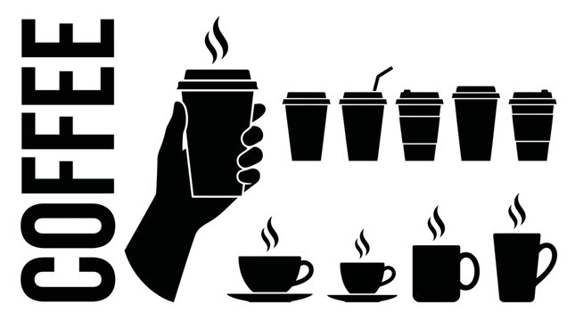 Stylized coffee icon design with a hand holding a cup, multiple mugs and takeaway cups, and bold vertical COFFEE text in a black vector illustration