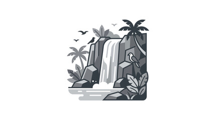 Vertical jungle landscape with waterfall and palm trees. © nur