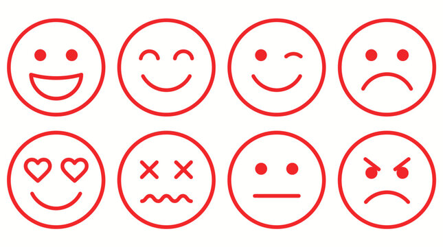 Eight red-outline emoticon faces illustrating diverse facial expressions: happiness, love, neutrality, sadness, and anger