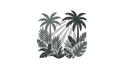 Tropical palm forest silhouette with bright sun rays. © nur