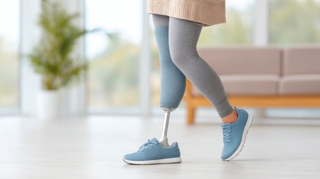 Empowering Full Mobility: A Woman Walking Confidently with a Prosthetic Leg in a Bright, Modern Space