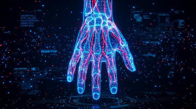 Glowing blue hand with red veins and circuits on a dark background with code