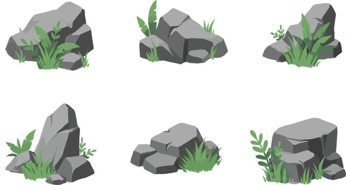 Cartoon stone and rock formations collection, game environment assets with grass and nature elements