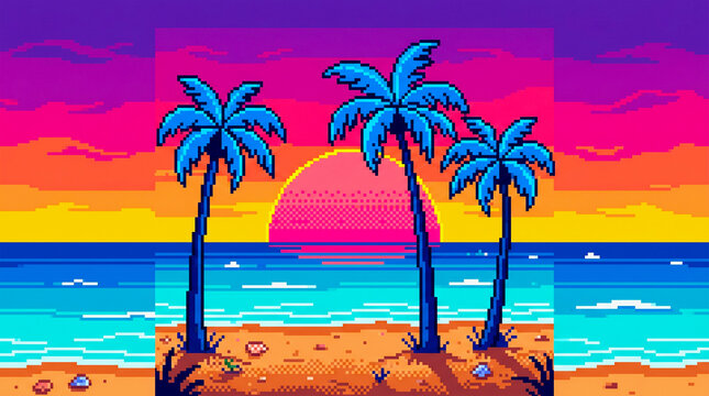 Vibrant sunset scene with three palm trees on a serene beach