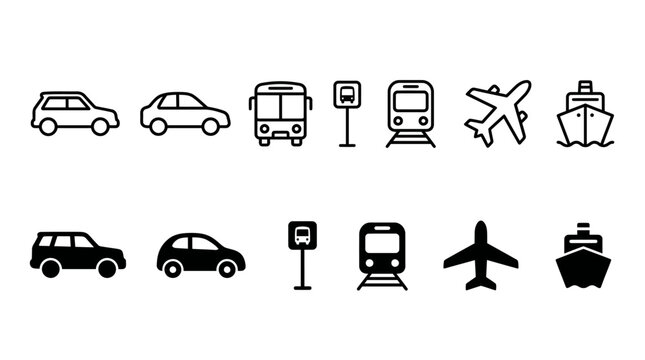 Collection of black transportation icons in vector silhouette style featuring car, bus, tram, train, airplane and ship.
