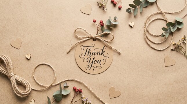 Thank you card with eucalyptus and twine on kraft paper background