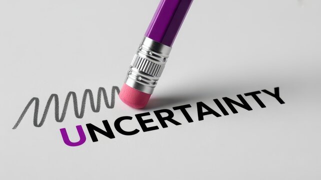 Purple pencil erasing the word uncertainty for clarity and confidence isolated on white background