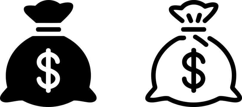 Two money bag one solid black and one outline with dollar signs on white background finance