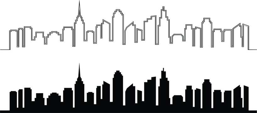 City skyline silhouette collection, urban skyline outline and black cityscape vector illustration set