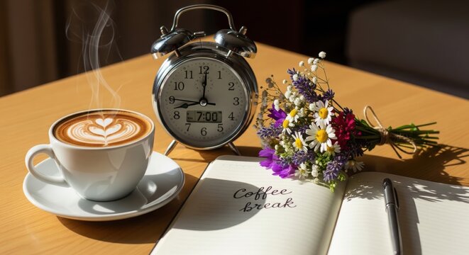 Morning Coffee Break with Flowers and Alarm Clock