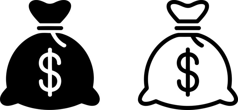 Two stylized representing a money bag with a dollar sign one solid black and one outlined in black on a white
