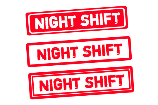Night Shift Grunge Rubber Stamp Vector Set &ndash; Night Shift Work Label, Overnight Duty Badge, Distressed Red Rubber Stamp Collection Isolated