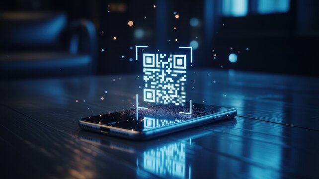 Futuristic digital QR code glowing above a mobile phone on a dark reflective background