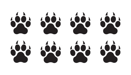 Animal paw print icons set with claws for wildlife tracking isolated on transparent grid background. © Md