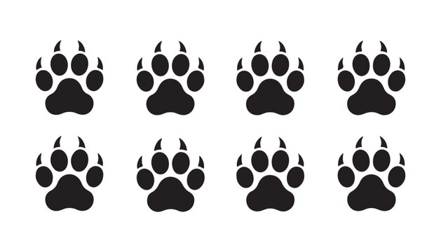 Animal paw print icons set with claws for wildlife tracking isolated on transparent grid background.