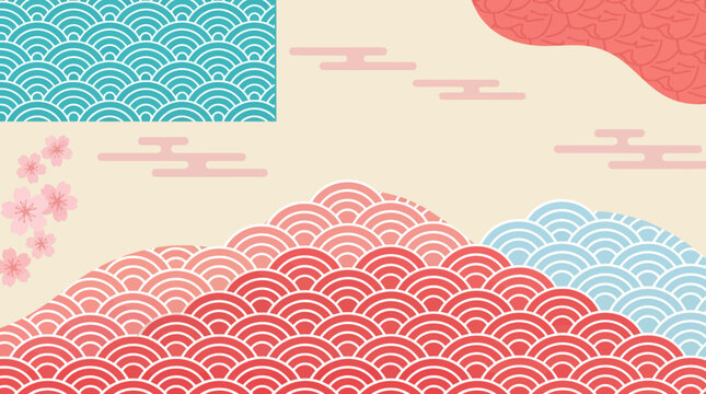 Pastel Japanese wave pattern with Mt. Fuji-inspired mountains and clouds in Ukiyo-e style decorative background.
