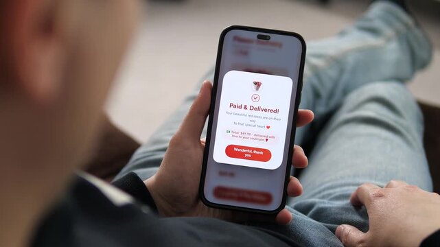 Ordering fresh roses online for a surprise gift. A person uses a flower delivery app to buy crimson roses. High-quality UI showing smooth payment and Paid and Delivered confirmation. Ideal for