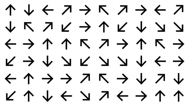 Abstract seamless pattern of black directional arrows pointing in multiple directions on a white background