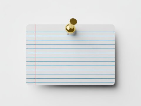 Blank lined index card with gold pushpin isolated on white background