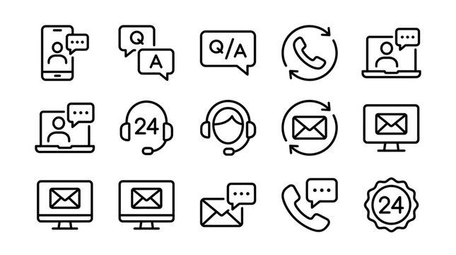 Line art icons set featuring customer support and communication tools: chat, email, phone, headset, Q&A, 24/7 service, inbox and devices.
